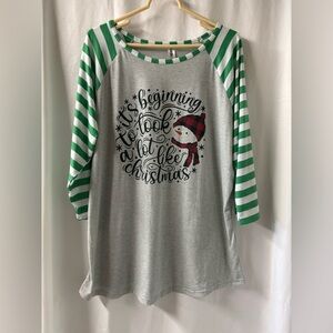 Itex NWOT Women’s‎ Festive Gray and Green Striped Christmas Raglan Top Size 2X